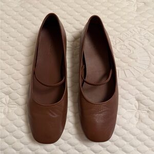 Everlane Brown Leather Square-Toe Flats with Elastic Strap